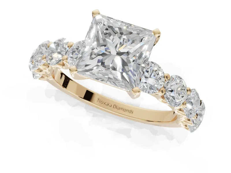 Princess Cut Side Stone Engagement Ring Setting | Scalloped Prong Accents | Yellow Gold