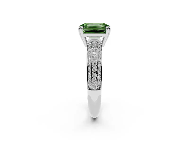 Emerald Cut Three Row Pave Engagement Ring Setting for a Fancy Green Lab-Grown Diamond | Double Claws | Sterling Silver
