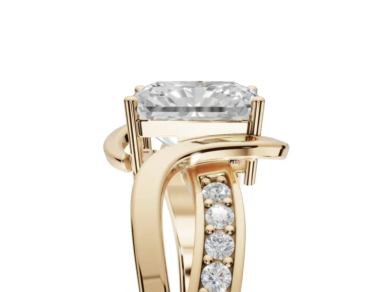 Radiant Cut Bypass Solitaire Engagement Ring Setting | Pavé and Plain Strands | Yellow Gold