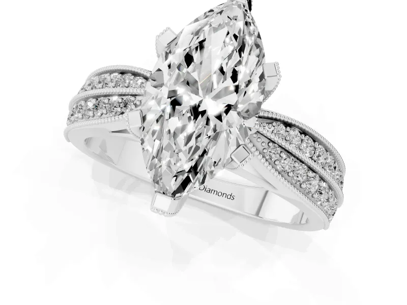 Marquise Cut Diamond Solitaire Ring Set in Silver with Milgrain Double Row Round Pavé Band