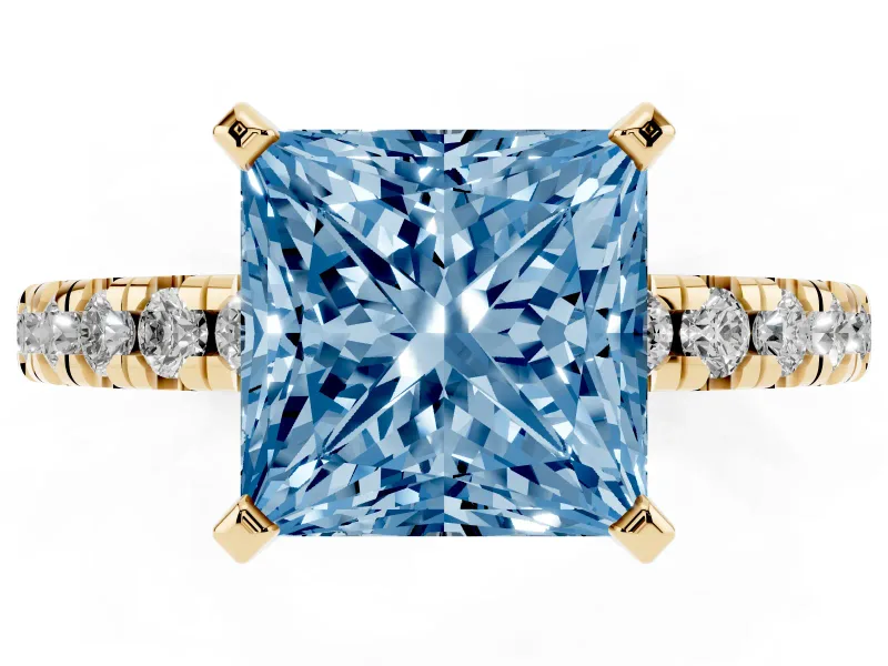 Princess Cut Pavé Solitaire Engagement Ring Setting for a Fancy Blue Lab-Grown Diamond | Yellow Gold