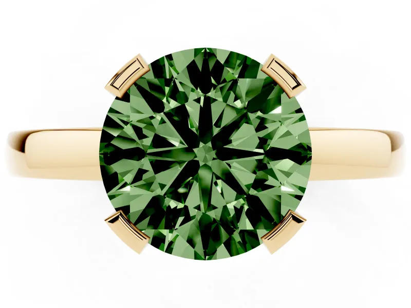 Fancy Green Round Cut Diamond Solitaire Ring Set in Yellow gold with Prong Head and Smooth Polished Band