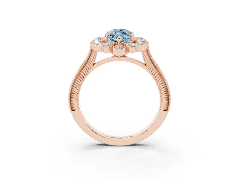 Fancy Blue Marquise Cut Diamond Halo Milgrain Pavé Ring Set in Rose gold with Prong Setting