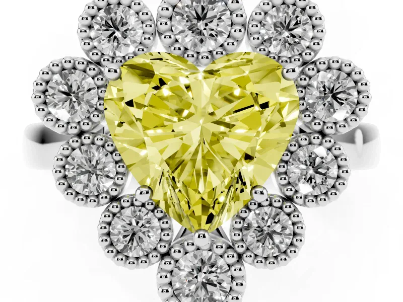 Heart-Shaped Milgrain Cluster Halo Engagement Ring Setting for a Fancy Yellow Lab-Grown Diamond | Plain Band | Platinum