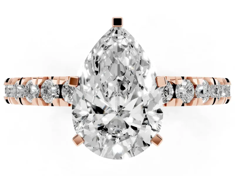 Pear Cut Diamond Pavé Band Solitaire Set in Rose gold with Prong Setting