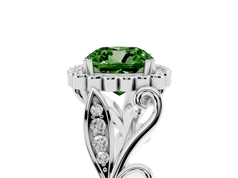Cushion Cut Leaf Halo Engagement Ring Setting for a Fancy Green Lab-Grown Diamond | Sterling Silver