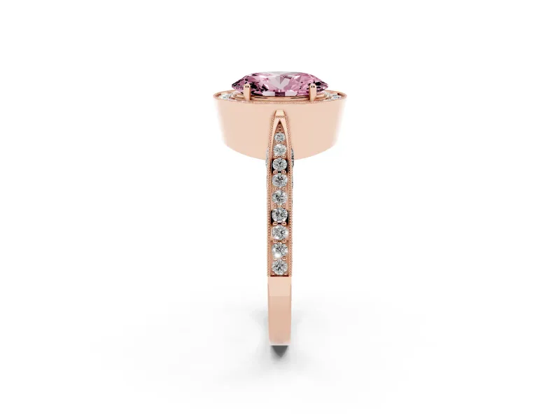 Oval Vintage Milgrain Halo Engagement Ring Setting for a Fancy Pink Lab-Grown Diamond | Side Stones and Pave | Rose Gold