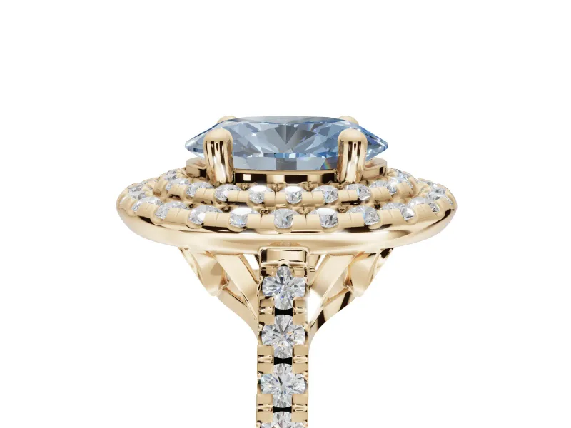 Oval Double Halo Engagement Ring Setting for a Fancy Blue Lab-Grown Diamond | Pave Shoulders | Yellow Gold