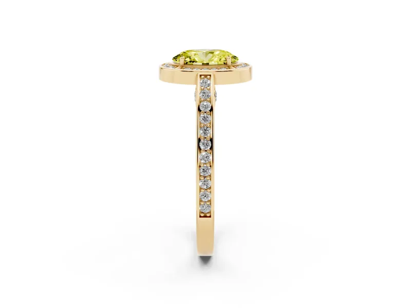 Fancy Yellow Oval Cut Diamond Halo Pavé Split Shank Ring Set in Yellow gold with Prong Setting
