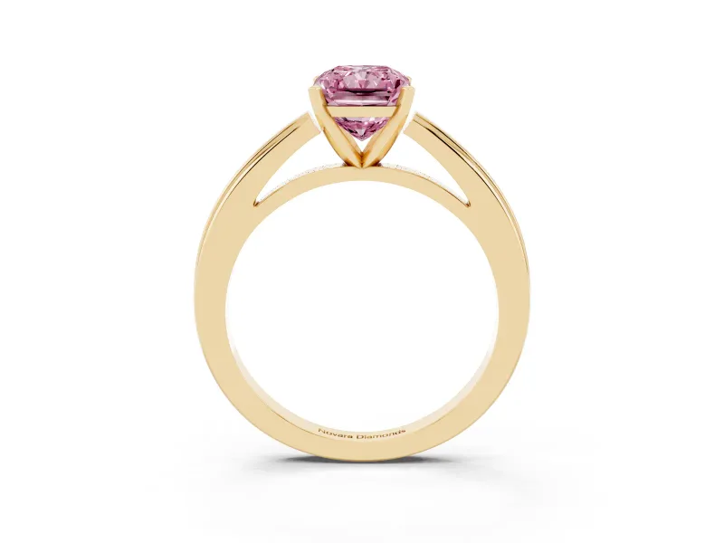 Fancy Pink Radiant Cut Diamond Solitaire Ring Set in Yellow gold with Prong Setting and Classic Band