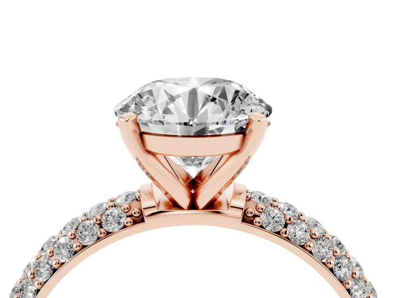 Round Cut Diamond Solitaire Ring Set in Rose gold with Prong Setting and Pavé-Set Band