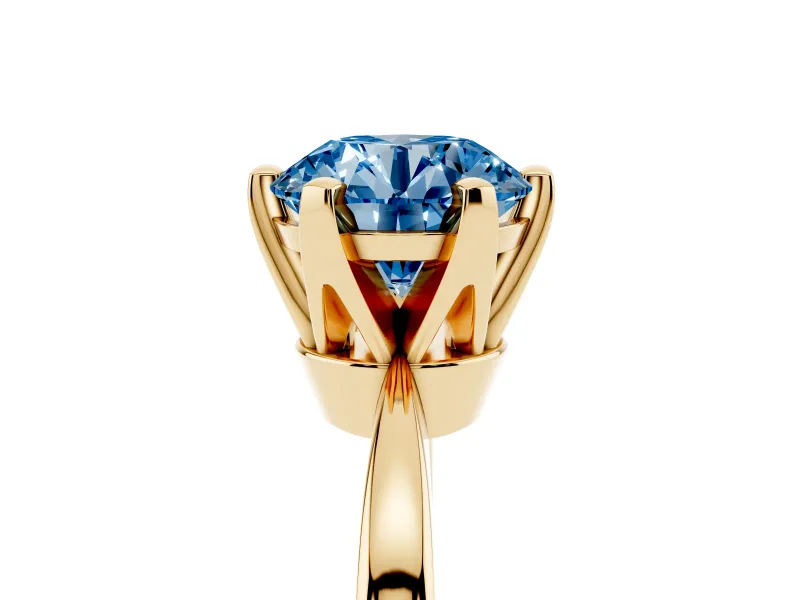 Fancy Blue Round Cut Diamond Solitaire Engagement Ring Set in Yellow gold with Slim Tapered Solitaire Band