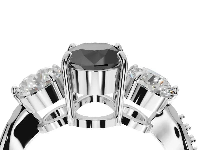 Fancy Black Oval Lab-Grown Diamond Three-Stone Ring Set in Platinum with Channel-Set Band and Prong Setting