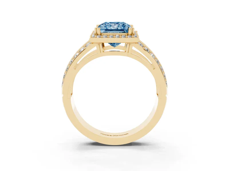 Princess Cut Halo Engagement Ring Setting for a Fancy Blue Lab-Grown Diamond | Two-Row Pave Split Shank | Yellow Gold
