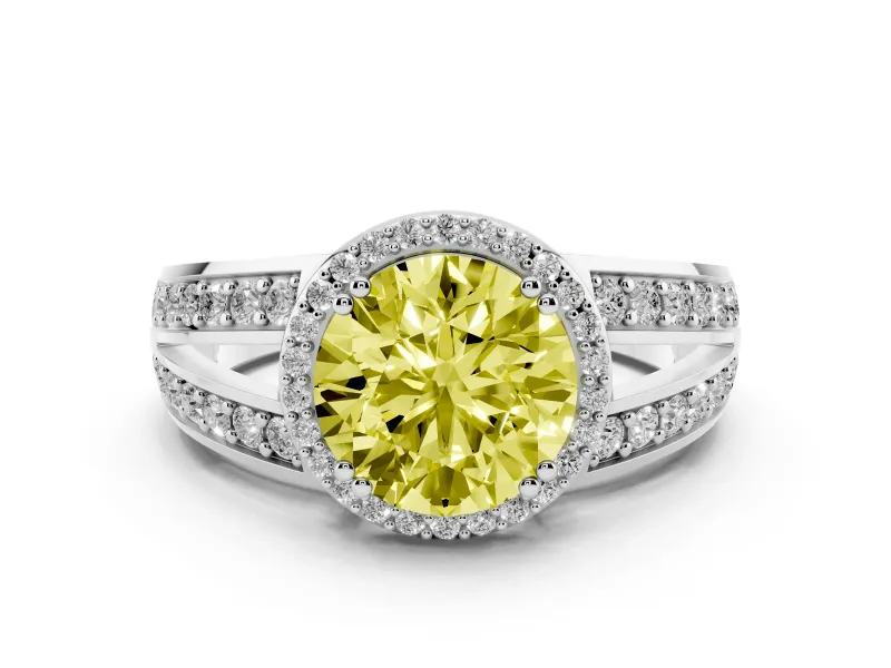 Fancy Yellow Round Cut Diamond Halo Ring Set in White gold with Double Pavé Split Shank