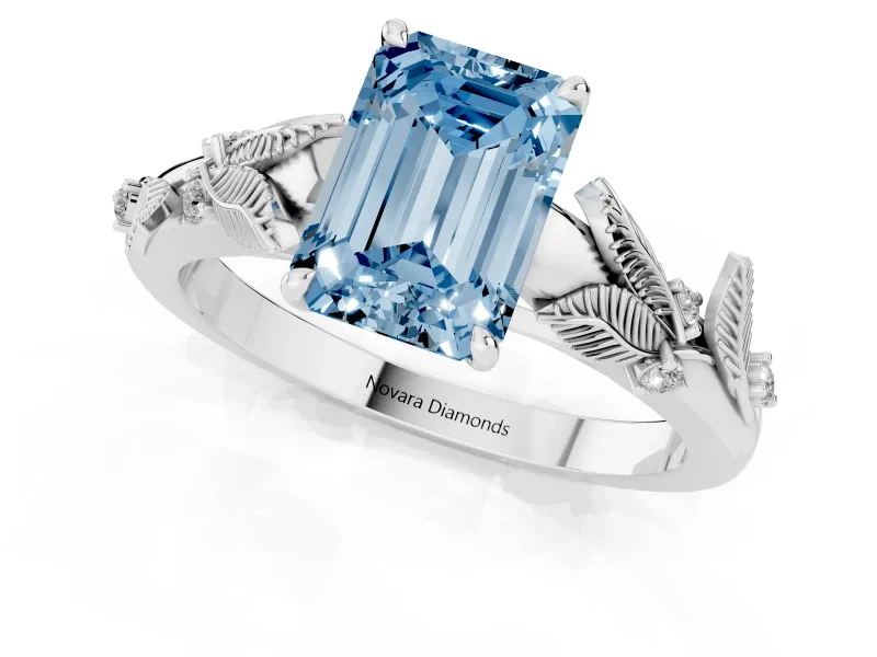 Emerald Cut Leaf Solitaire Engagement Ring Setting for a Fancy Blue Lab-Grown Diamond | Sterling Silver