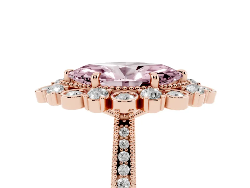 Fancy Pink Marquise Cut Diamond Halo Milgrain Pavé Ring Set in Rose gold with Prong Setting