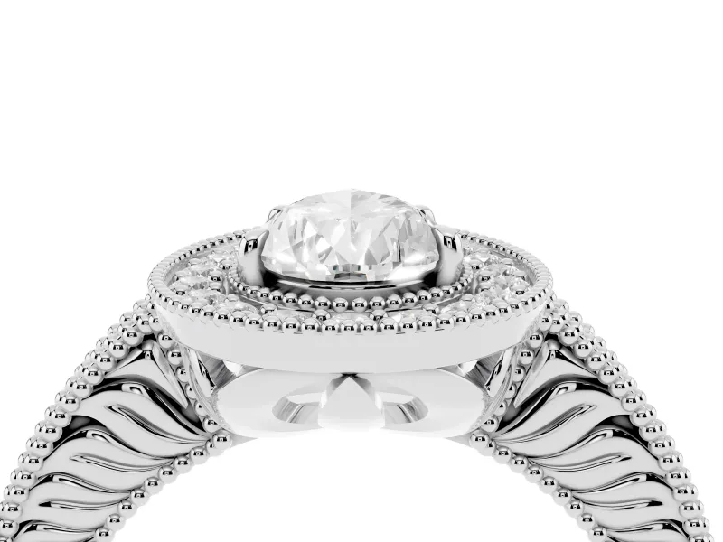 Pear Cut Diamond Halo Ring Set in Silver with Round Accent Halo, Pavé Band and Prong Setting