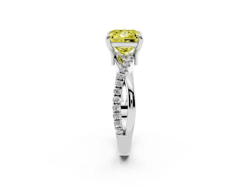Fancy Yellow Princess Cut Diamond Twist Band Solitaire Set in Platinum with Pavé Accents and Prong Setting