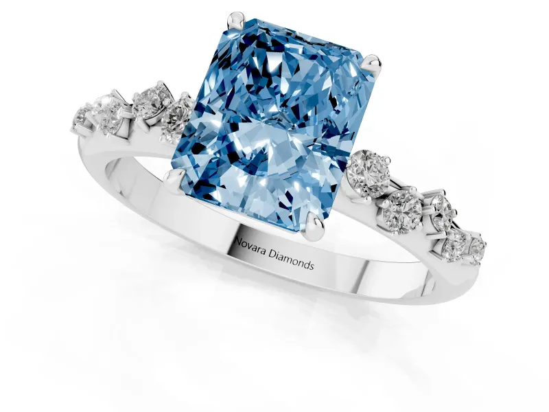 Fancy Blue Radiant Cut Diamond Cluster Solitaire Ring Set in Silver with Prong Setting