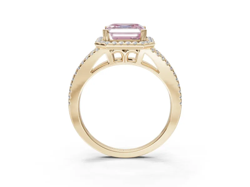 Asscher Cut Halo Split Shank Engagement Ring Setting for a Fancy Pink Lab-Grown Diamond | Pavé Shoulders | Yellow Gold
