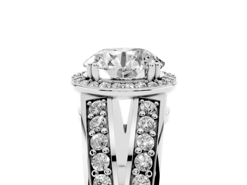 Round Halo Engagement Ring Setting | Two-Row Pave Split Shank | Platinum