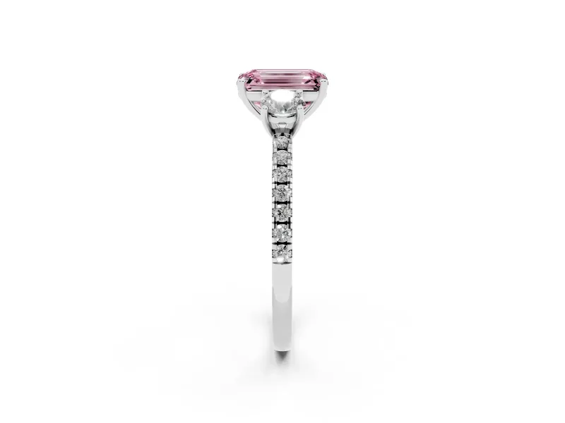 Emerald Cut Three Stone Engagement Ring Setting for a Fancy Pink Lab-Grown Diamond | Pave Shoulders | Sterling Silver