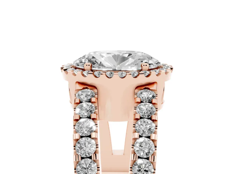 Oval Cut Diamond Halo Ring Set in Rose gold with Pavé Split Shank and Prong Setting