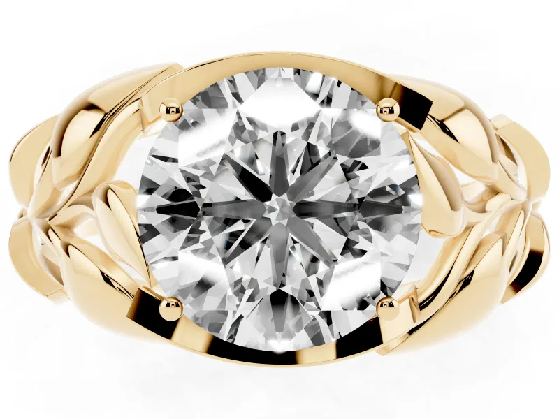 Round Cut Diamond Leaf-Inspired Engagement Ring Set in Yellow gold with Round Accents