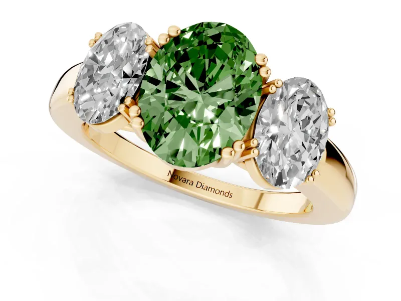 Fancy Green Oval Cut Diamond Three-Stone Ring Set in Yellow gold with Polished Band and Prong Setting