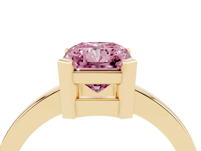 Fancy Pink Radiant Cut Diamond Solitaire Ring Set in Yellow gold with Prong Head and Smooth Polished Band