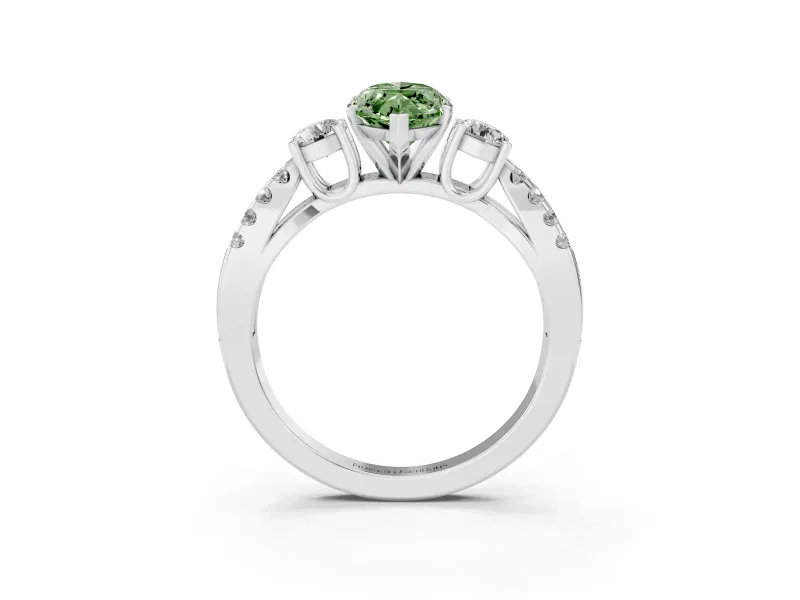 Fancy Green Marquise Cut Diamond Three-Stone Ring Set in Platinum with Pavé Split Shank and Prong Setting