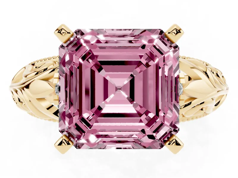Asscher Cut Filigree Engagement Ring Setting for a Fancy Pink Lab-Grown Diamond | Yellow Gold