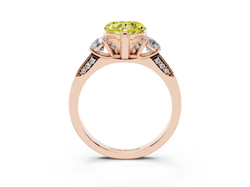 Heart-Shaped Hidden Halo Three Stone Engagement Ring Setting for a Fancy Yellow Lab-Grown Diamond | Rose Gold
