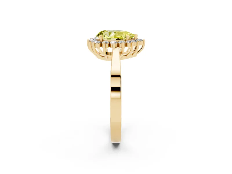Fancy Yellow Pear Cut Diamond Halo Ring Set in Yellow gold with Round Halo and Smooth Solitaire Band