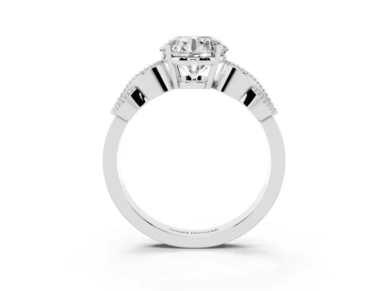 Round Cut Diamond Milgrain Leaf Band Solitaire Ring Set in Platinum with Accent Stones and Prong Setting