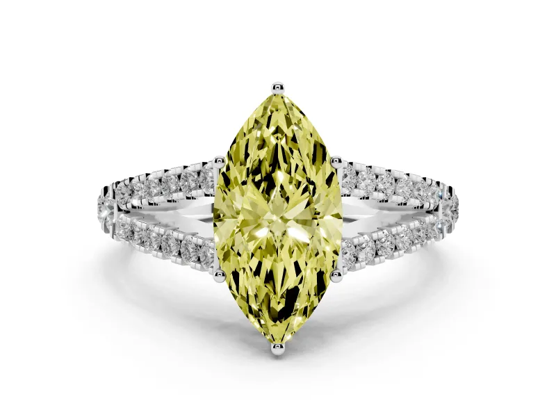 Fancy Yellow Marquise Cut Diamond Split Shank Pavé Engagement Ring Set in White gold with Prong-Held Center Stone