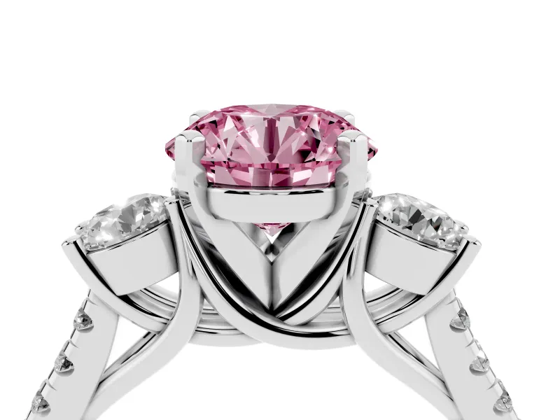Fancy Pink Three-Stone Round Cut Diamond Pavé Band Ring Set in Silver with Prong-Set Trio
