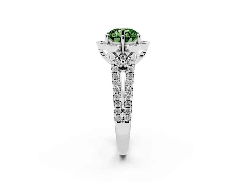 Round Petal Frame Floral Halo Engagement Ring Setting for a Fancy Green Lab-Grown Diamond | Pavé Split Shank | Platinum