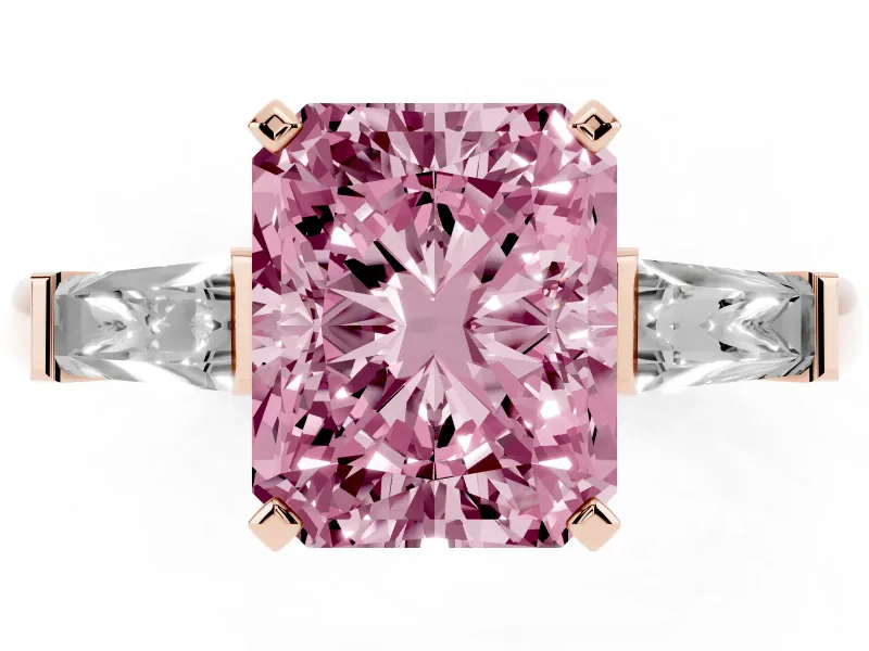 Fancy Pink Radiant Cut Diamond Solitaire Ring Set in Rose gold with Tapered Baguette Side Stones and Prong Setting