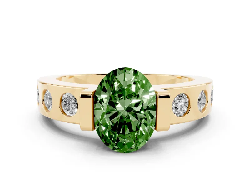 Fancy Green Oval Cut Diamond Channel-Set Band Ring Set in Yellow gold with Bezel Prong Setting
