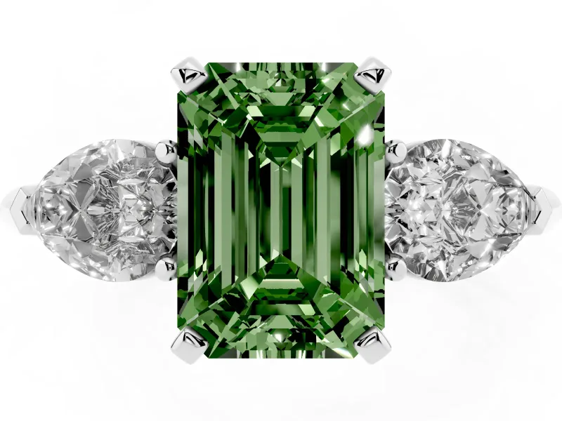 Emerald Cut Three-Stone Engagement Ring Setting for a Fancy Green Lab-Grown Diamond | Pear Side Stones | Sterling Silver
