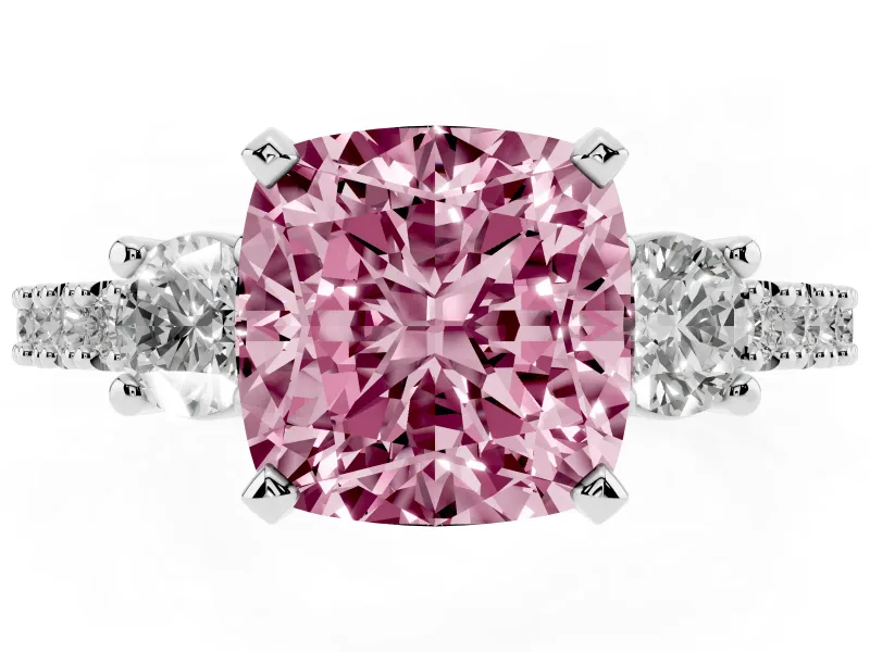 Fancy Pink Three-Stone Cushion Cut Diamond Pavé Band Ring Set in Silver with Prong Setting