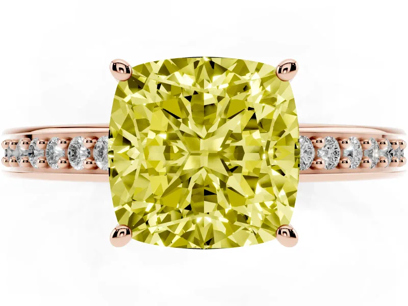 Cushion Cut Pave Solitaire Engagement Ring Setting for a Fancy Yellow Lab-Grown Diamond | Accented Basket | Rose Gold