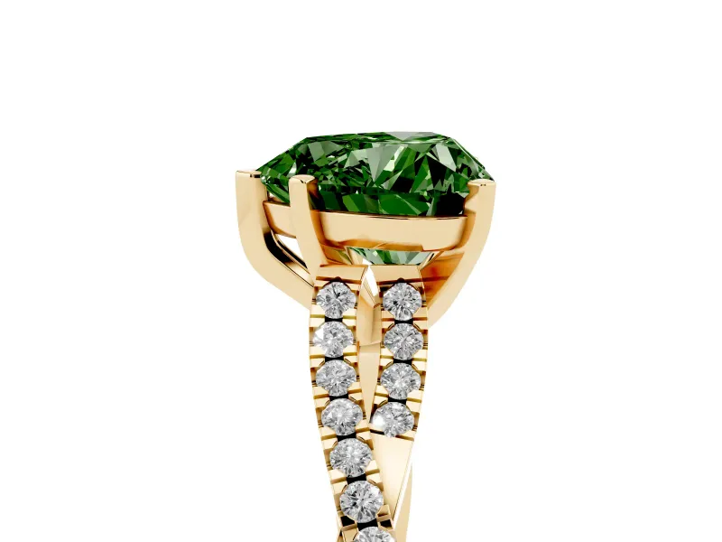 Fancy Green Heart Cut Diamond Solitaire Engagement Ring Set in Yellow gold with Twisted Pavé Band and Prong Setting