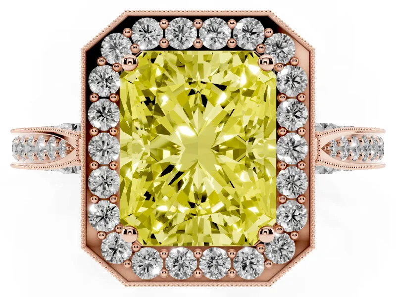 Radiant Cut Milgrain Halo Engagement Ring Setting for a Fancy Yellow Lab-Grown Diamond | Side Stones | Rose Gold