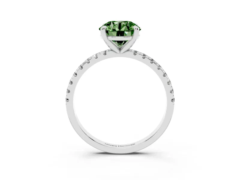 Fancy Green Round Cut Diamond Brilliant Solitaire Ring Set in White gold with Pavé Band and Prong Setting