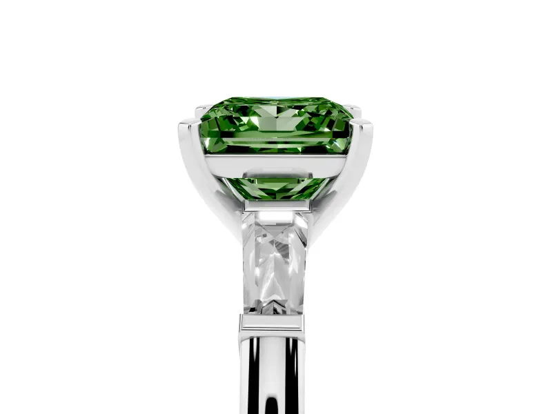 Fancy Green Princess Cut Diamond Solitaire Ring Set in Silver with Tapered Baguette Side Stones and Prong Setting