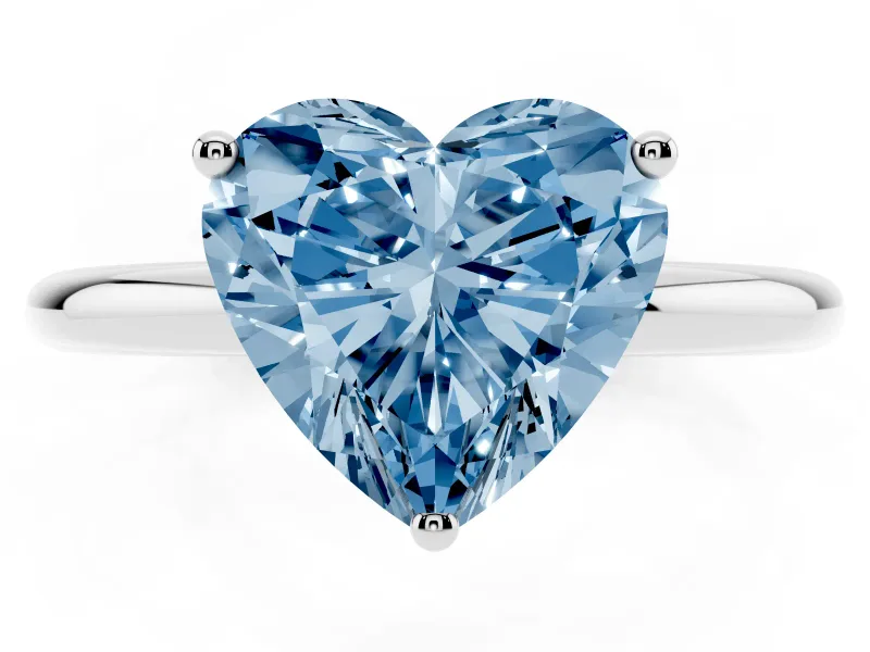 Fancy Blue Heart Cut Diamond Solitaire Engagement Ring Set in White gold with Prong Setting and Polished Band