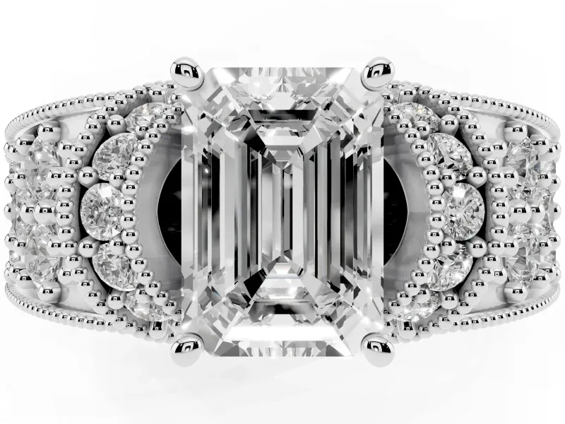 Emerald Cut Vintage Milgrain Pave Engagement Ring Setting | Crescent Side Rows | Platinum